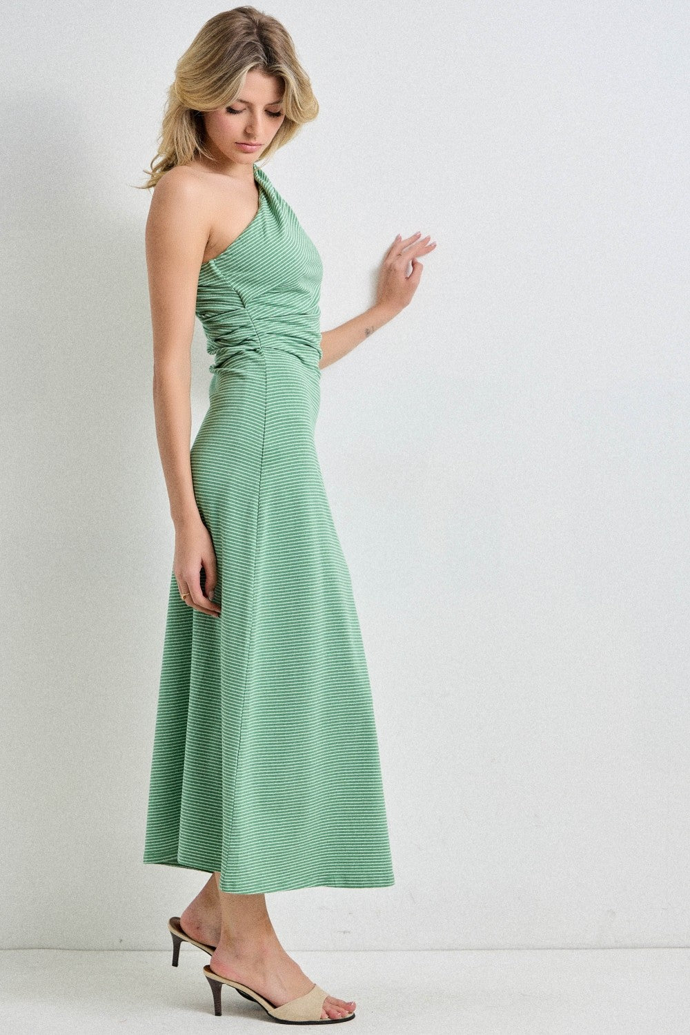 Green Striped One Shoulder Midi Dress