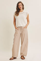 Camel Striped Cotton Barrel Leg Maternity Pants