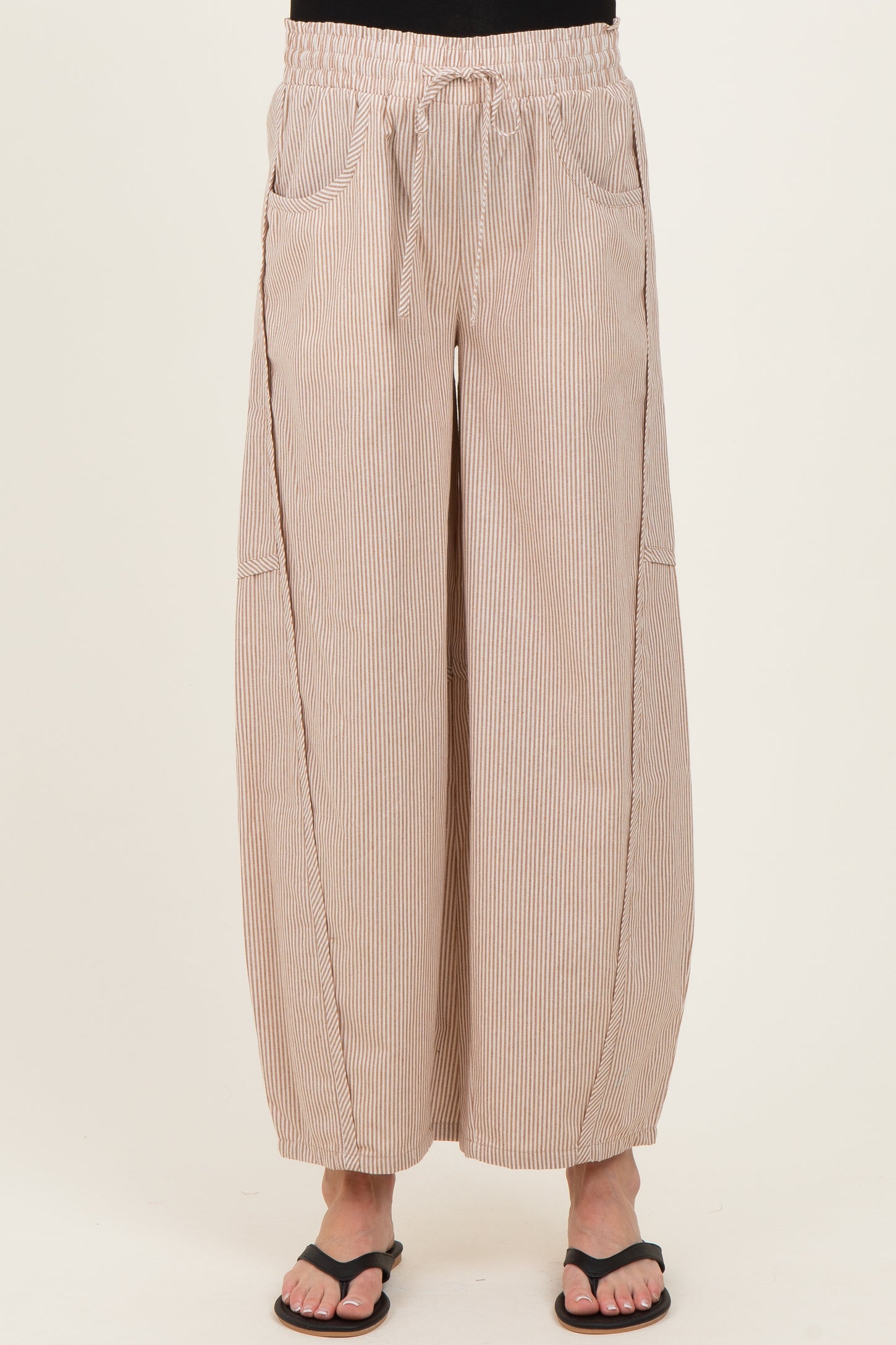 Camel Striped Cotton Barrel Leg Maternity Pants