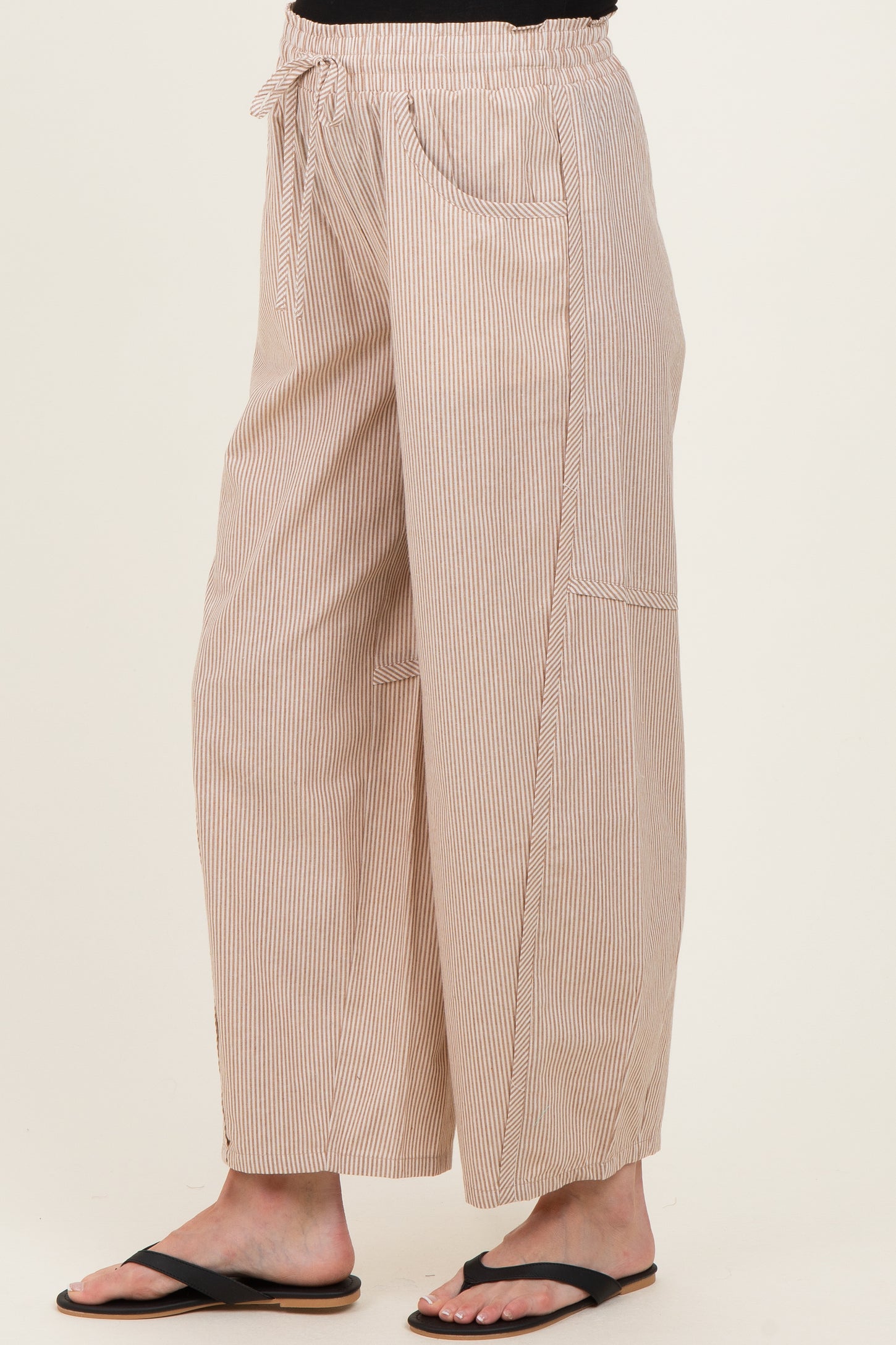 Camel Striped Cotton Barrel Leg Maternity Pants