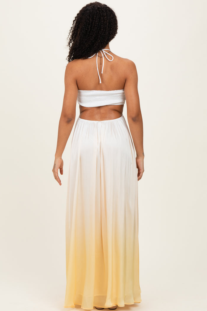 Yellow Ombre Satin Halter Cutout Maxi Dress