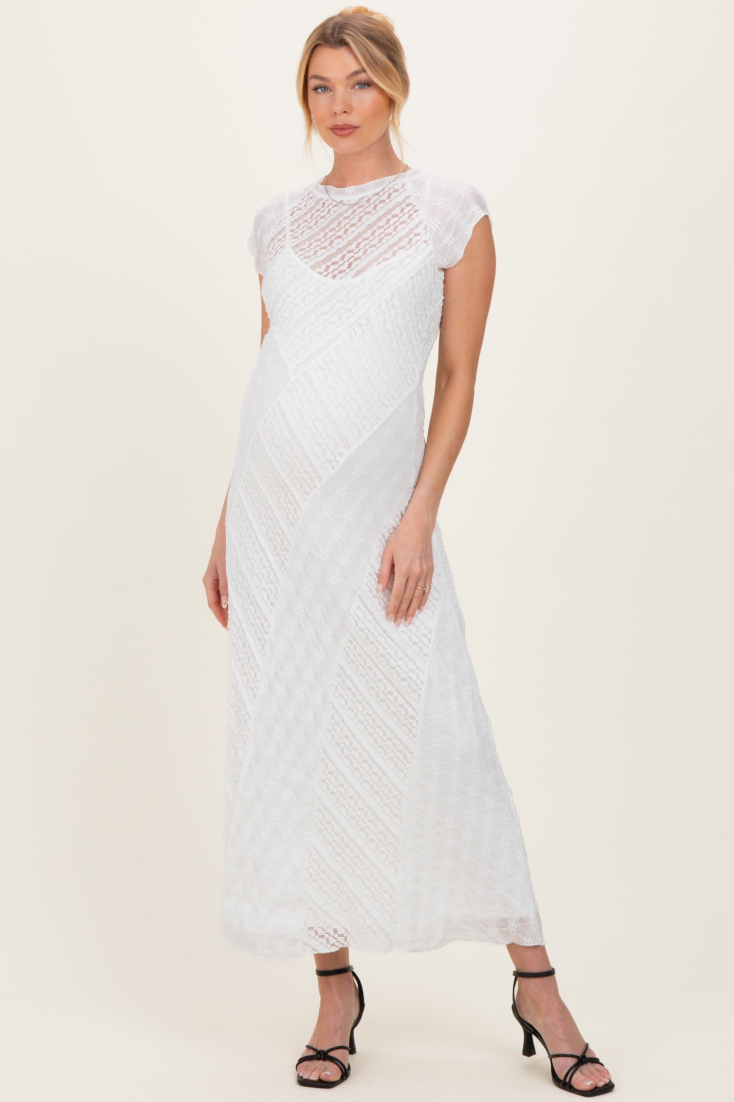 White Mixed Lace Overlay Maternity Midi Dress