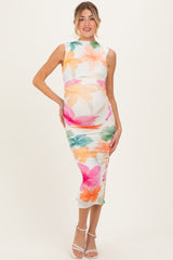 Multicolor Floral Ruched Sleeveless Maternity Midi Dress