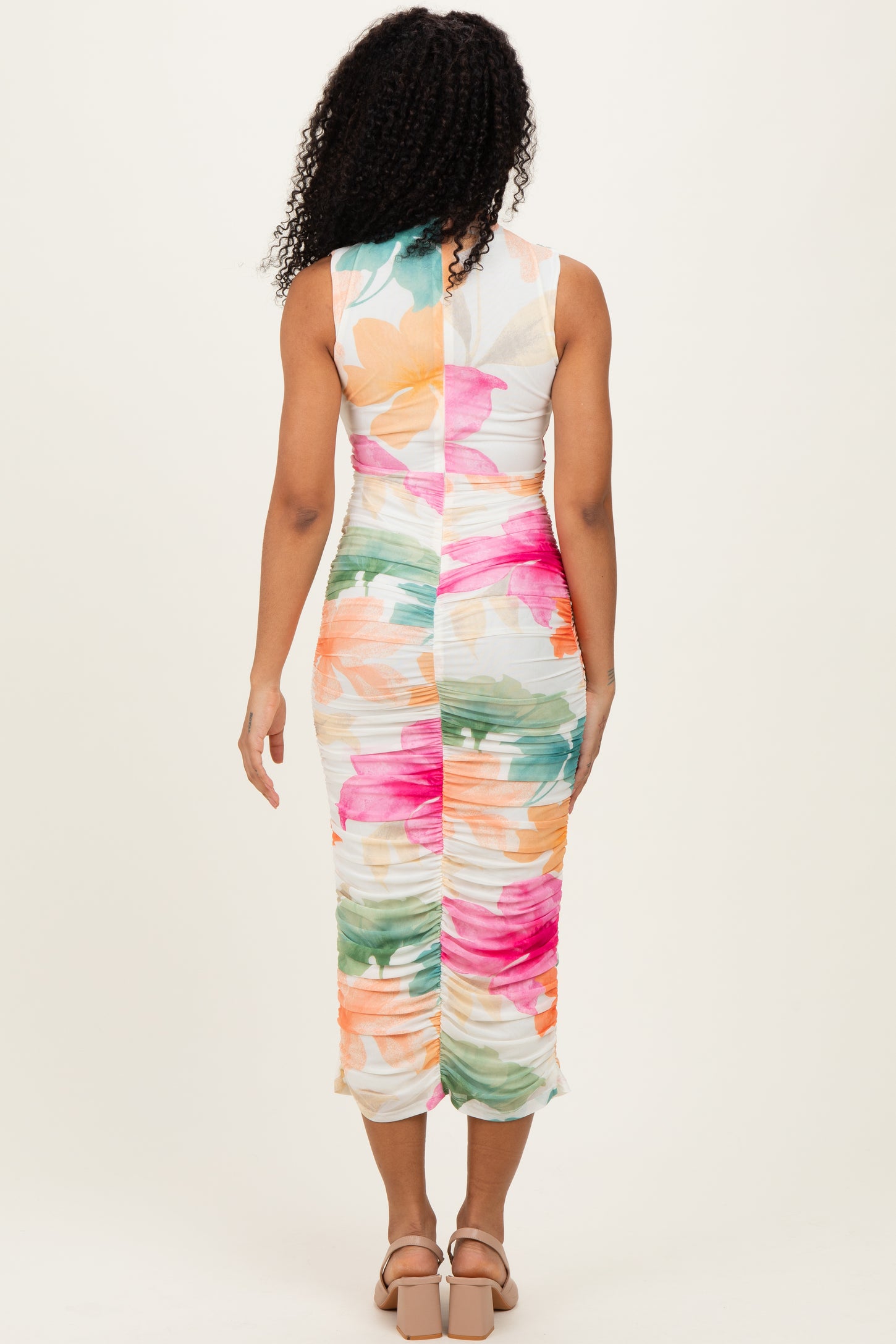 Multicolor Floral Ruched Sleeveless Midi Dress