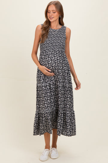 Black Floral Smocked Sleeveless Tiered Maternity Maxi Dress