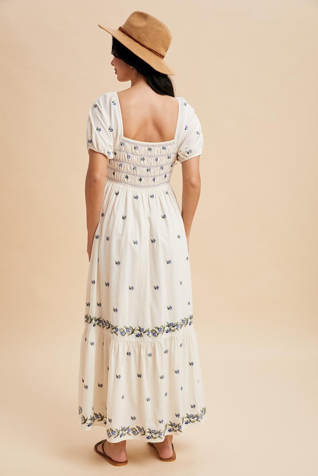 Buttercream Smocked Embroidered Floral Maxi Dress