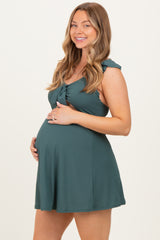 Forest Green Tie Front Cutout Maternity Swim Dress