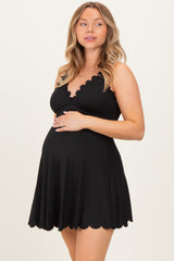 Black Ribbed Scallop Hem Maternity Swim Dress