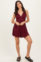 Dark Burgundy Ribbed Scallop Hem Maternity Swim Dress