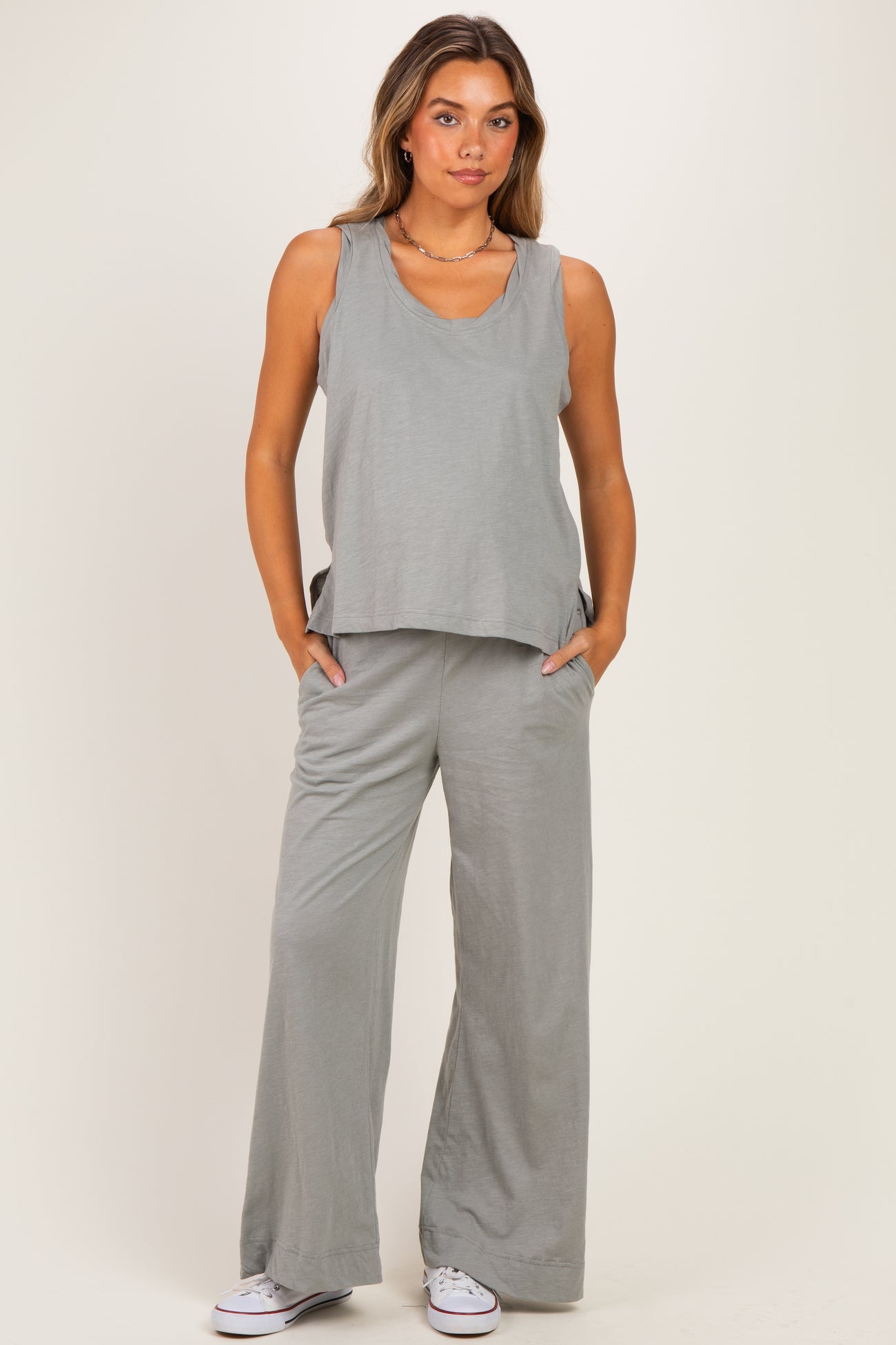 Sage Button Detail Tank Wide Leg Pant Maternity Set