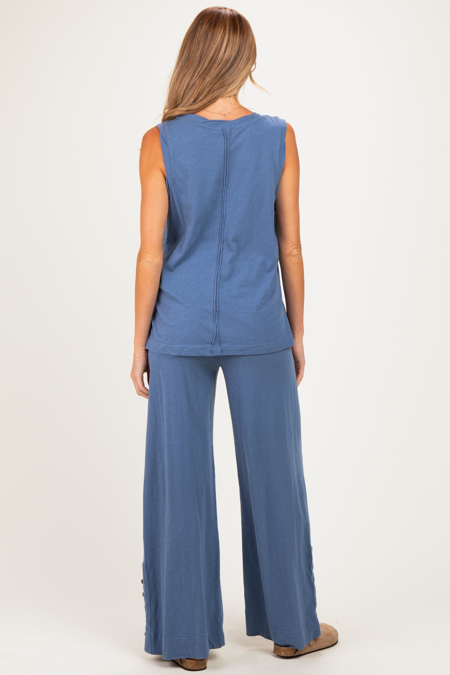 Blue Button Detail Tank Wide Leg Pant Maternity Set