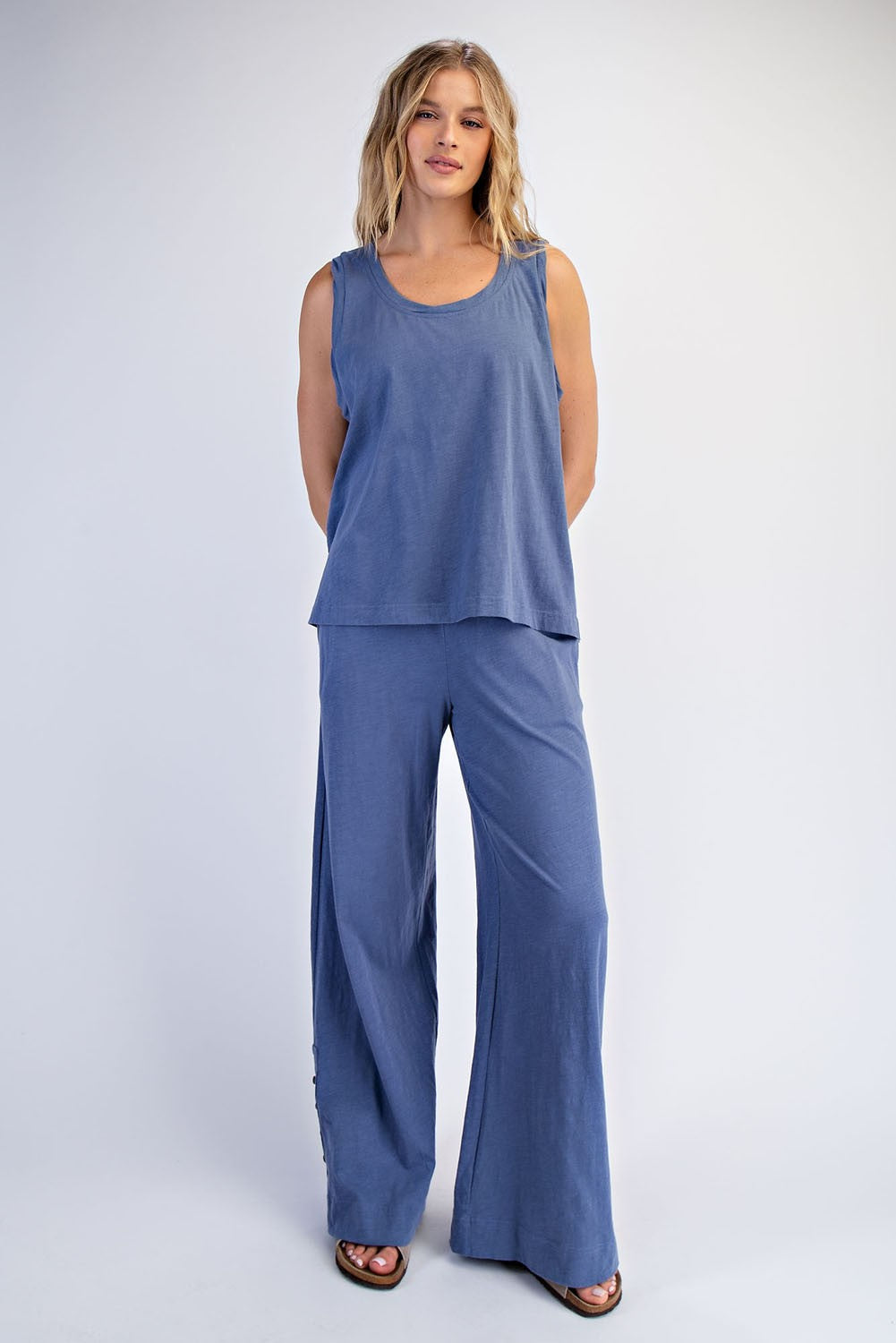 Blue Button Detail Tank Wide Leg Pant Set