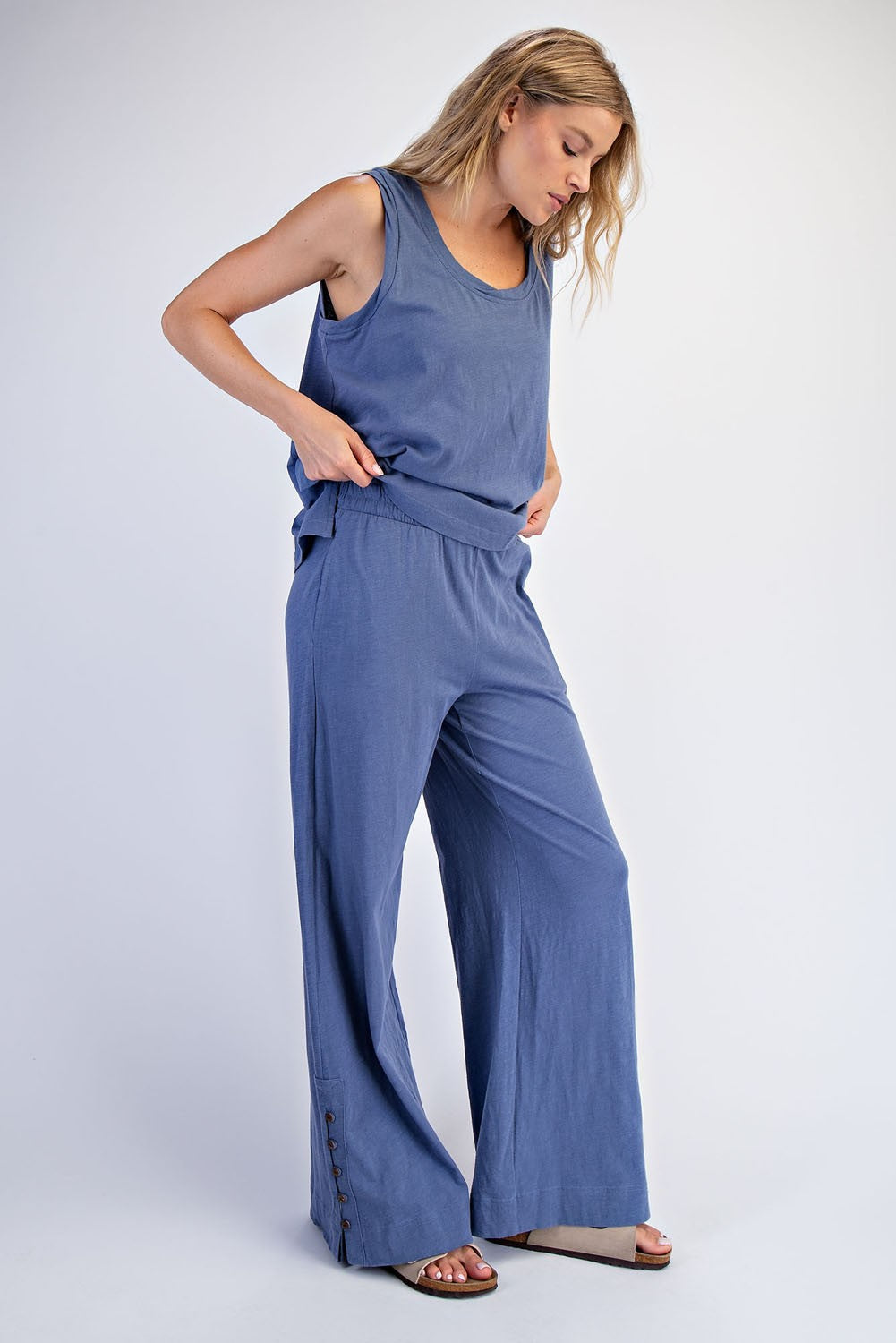Blue Button Detail Tank Wide Leg Pant Set