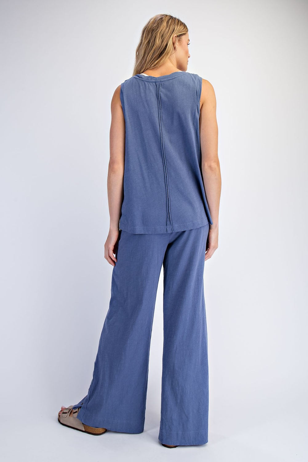 Blue Button Detail Tank Wide Leg Pant Set