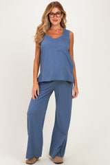 Blue Button Detail Tank Wide Leg Pant Maternity Set