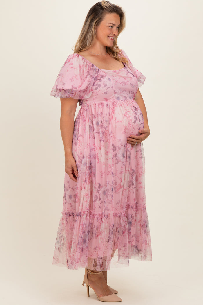 Pink Floral Printed Tulle Puff Sleeve Maternity Plus Midi Dress