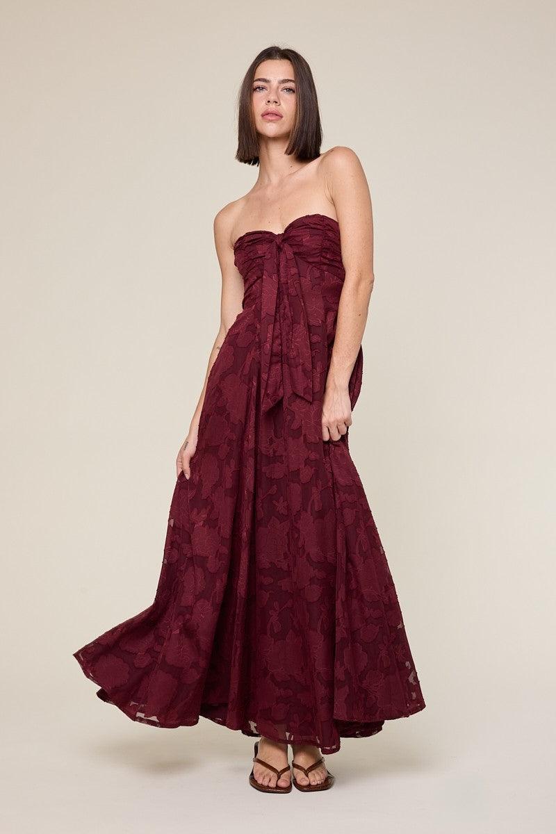 Wine Floral Jacquard Strapless Open Back Maternity Maxi Dress