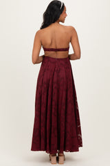 Wine Floral Jacquard Strapless Open Back Maternity Maxi Dress