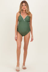 Sage Embroidered V-Neck Maternity One Piece Swimsuit