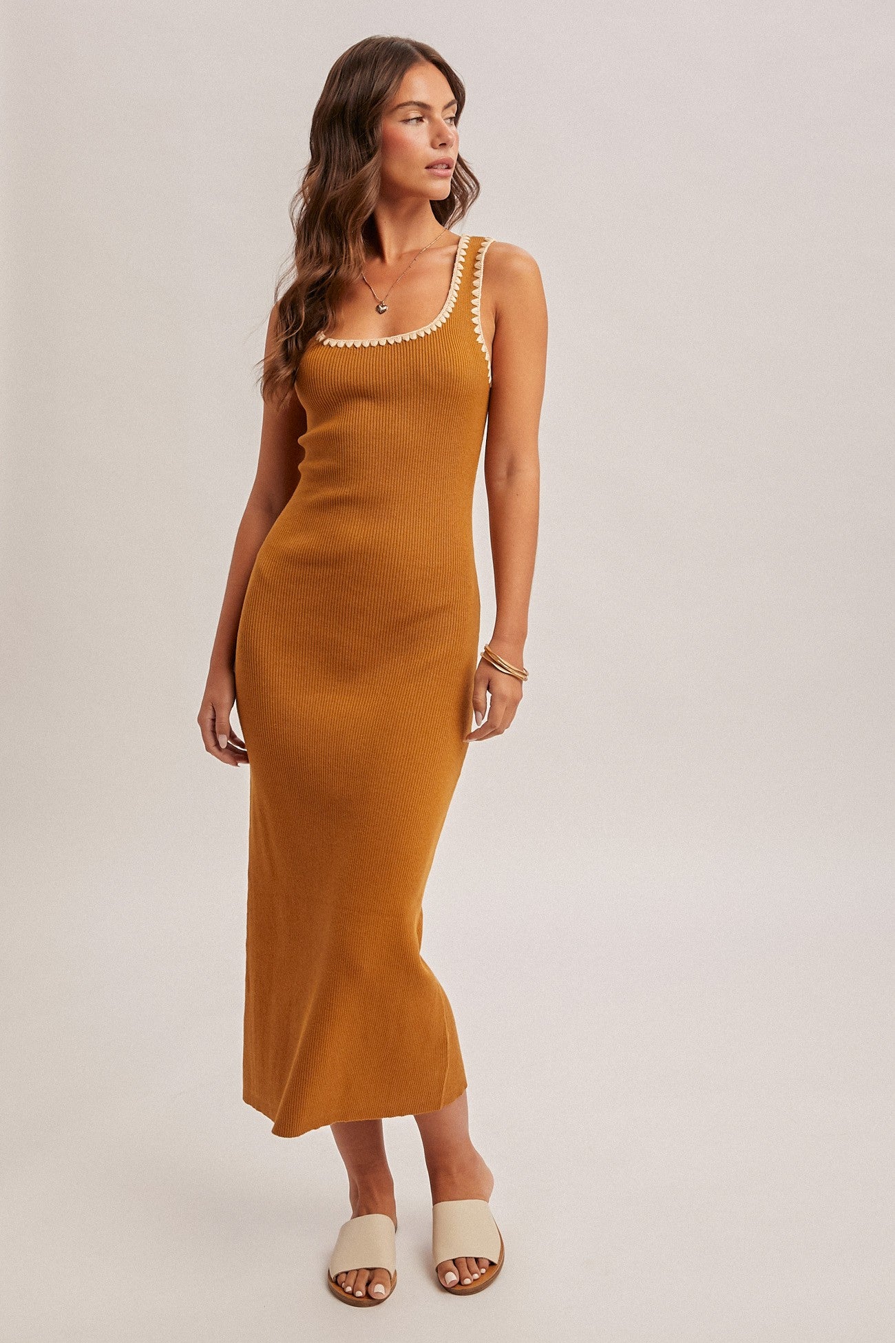 Mustard Contrast Stitch Detail Ribbed Sweater Dress