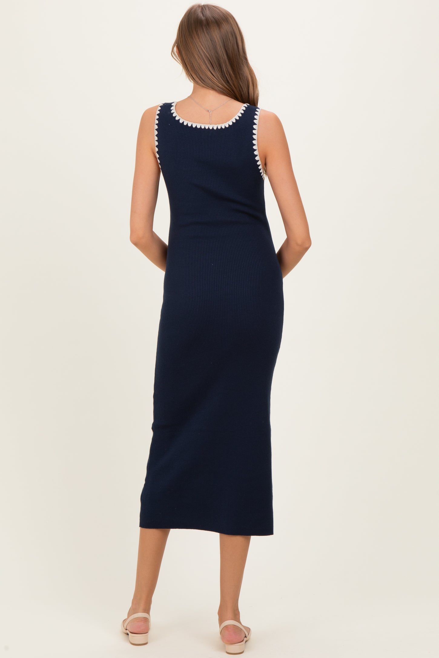 Navy Contrast Stitch Detail Ribbed Maternity Sweater Dress