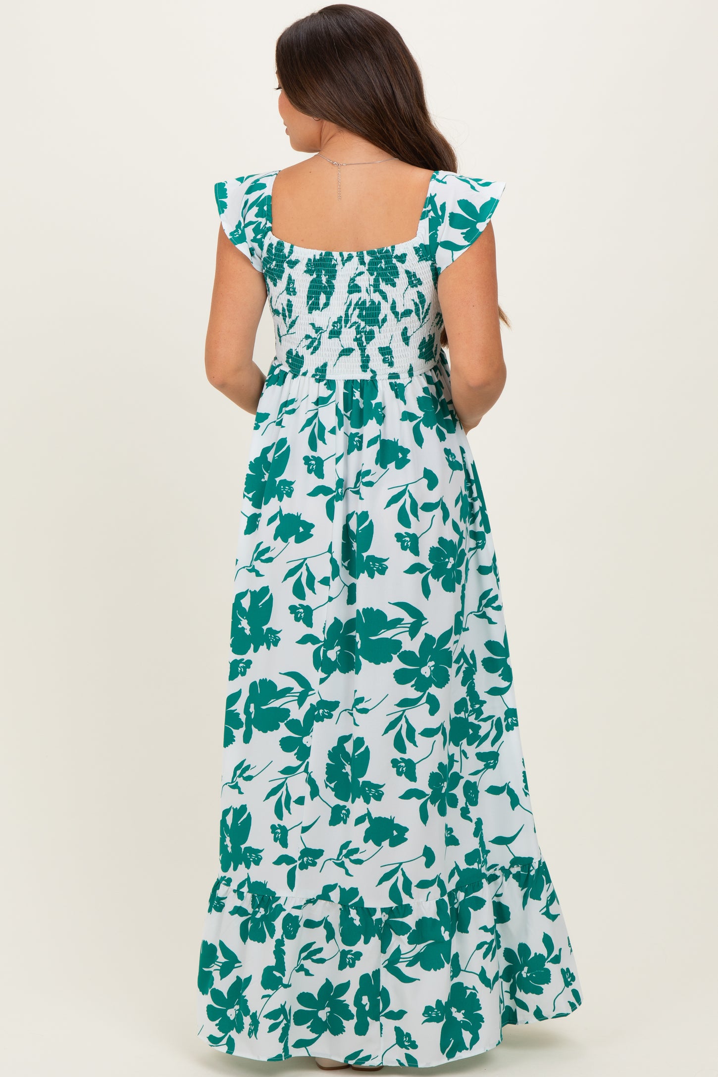 White Floral Smocked Cinched Top Maternity Maxi Dress