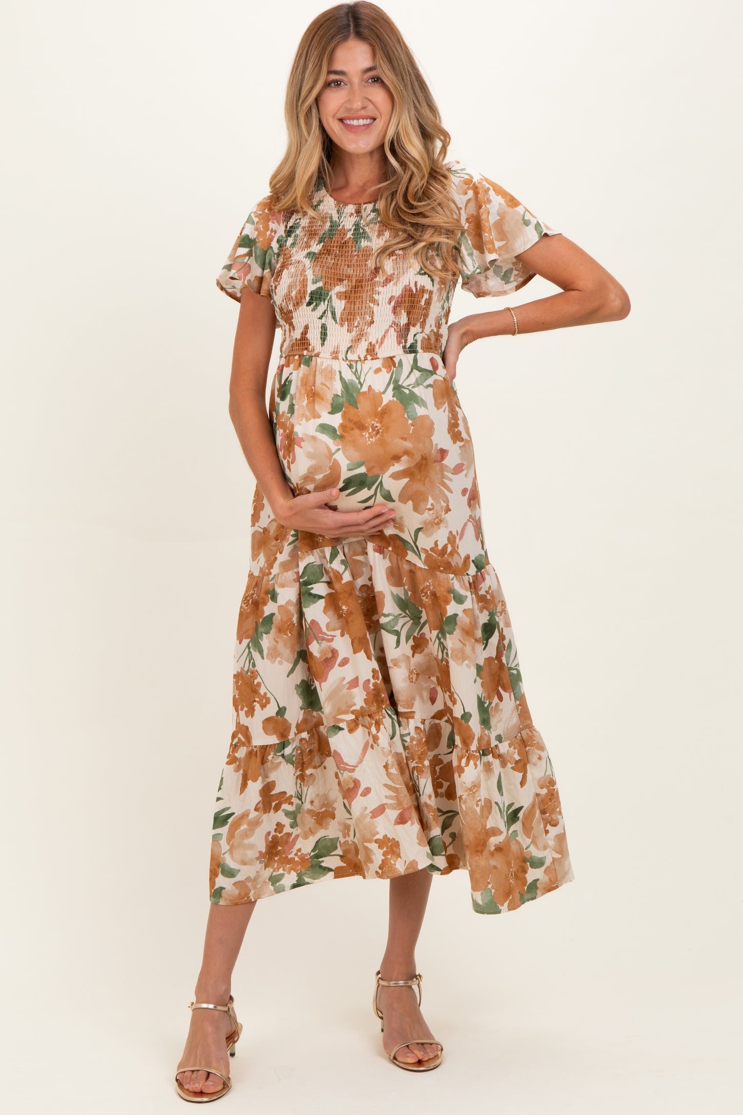 Mocha Floral Smocked Tiered Maternity Midi Dress