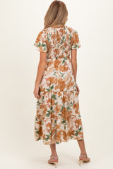 Mocha Floral Smocked Tiered Maternity Midi Dress