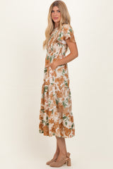 Mocha Floral Smocked Tiered Midi Dress