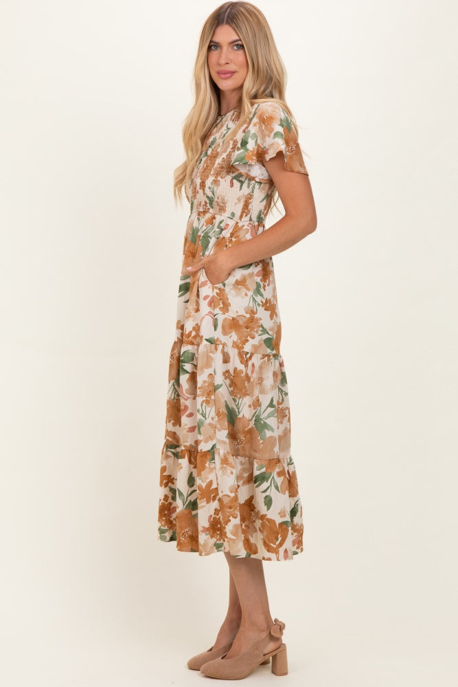 Mocha Floral Smocked Tiered Midi Dress