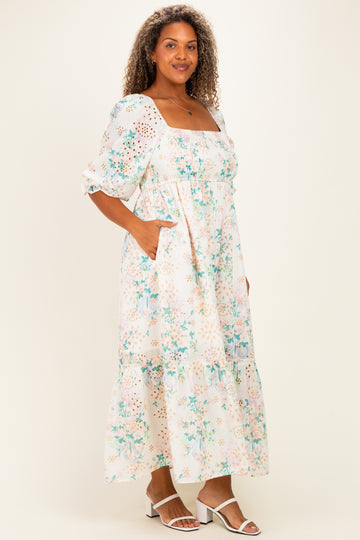 Ivory Floral Smocked 3/4 Sleeve Plus Maxi Dress