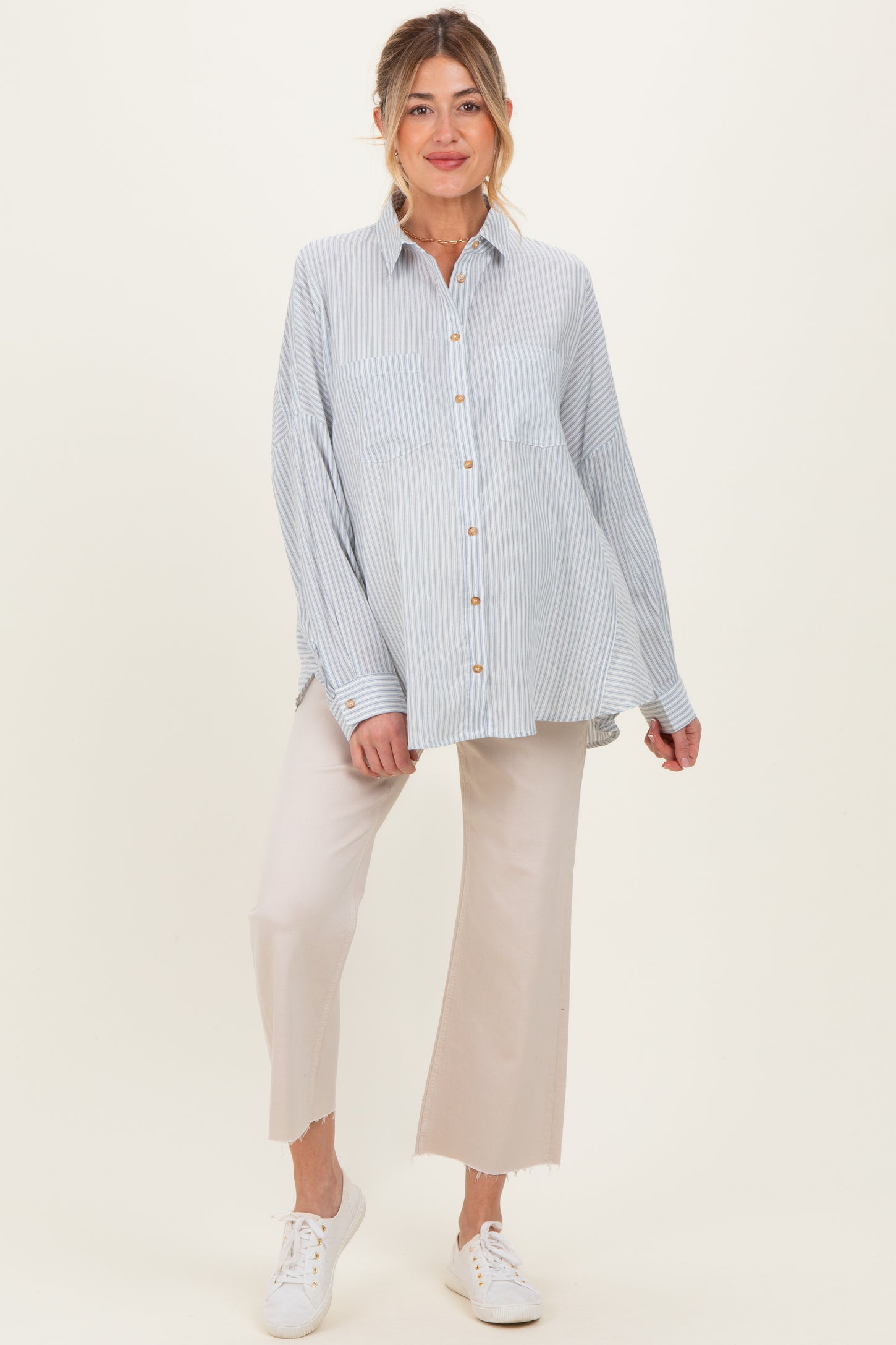 Blue Oversized Striped Button-Up Maternity Shirt