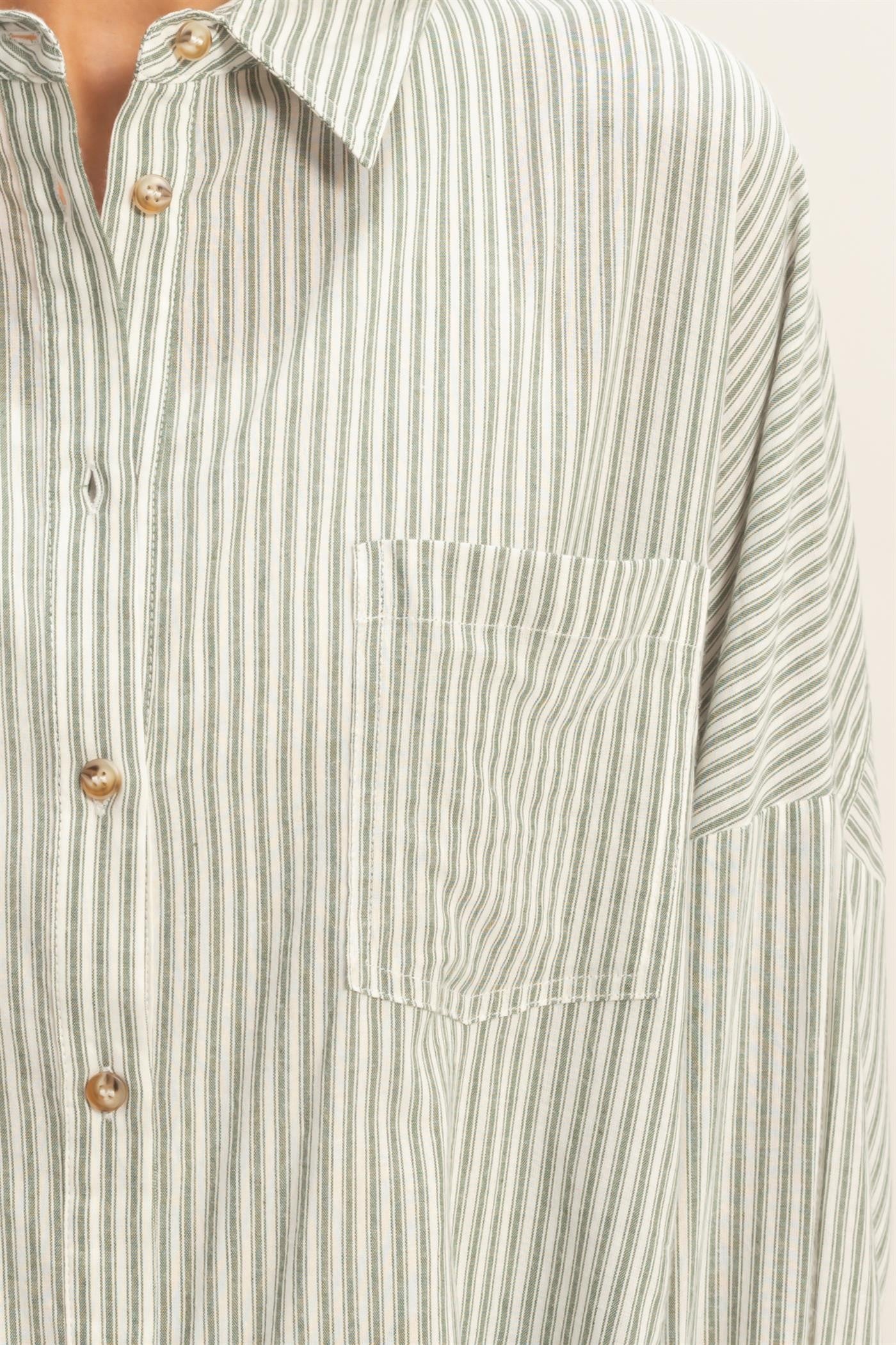 Olive Oversized Striped Button-Up Shirt