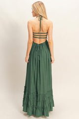Hunter Green Smocked Halter Open Back Maxi Dress