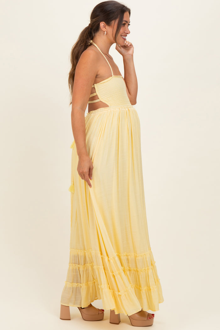 Yellow Smocked Halter Open Back Maternity Maxi Dress