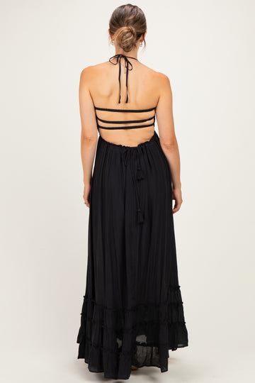 Black Smocked Halter Open Back Maternity Maxi Dress