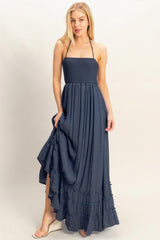 Navy Smocked Halter Open Back Maxi Dress