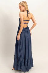 Navy Smocked Halter Open Back Maxi Dress