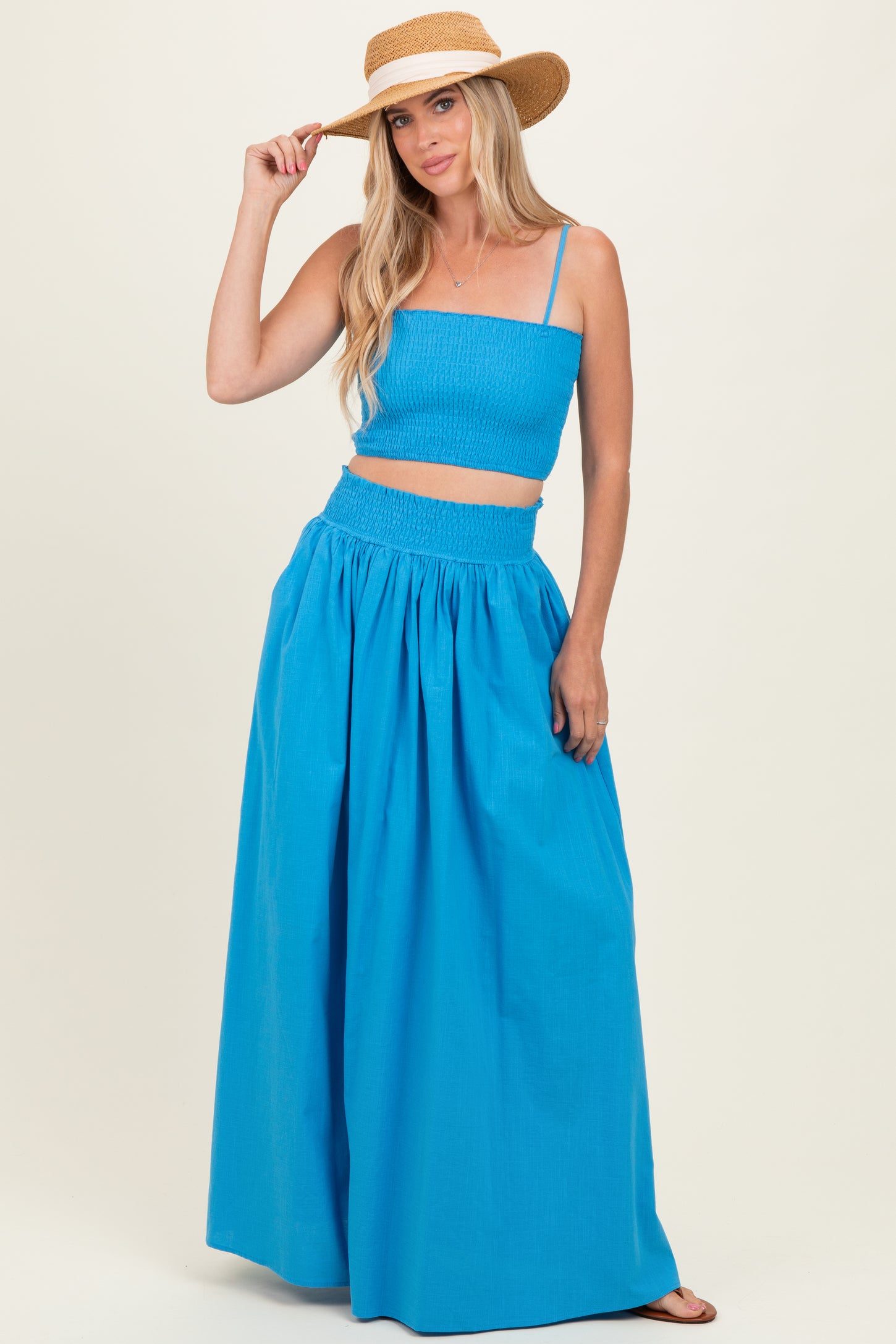 Blue Smocked Tank Maxi Skirt Set
