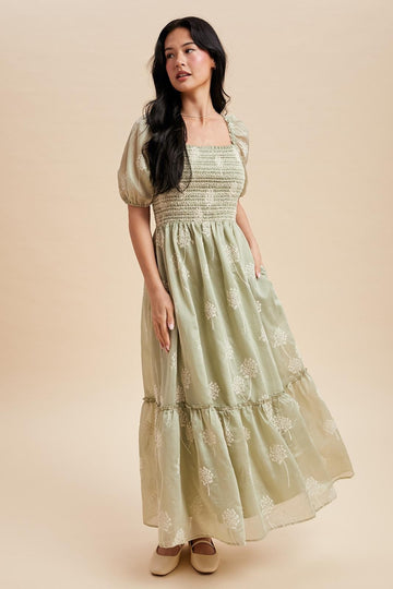 Fern Embroidered Floral Smocked Maternity Maxi Dress