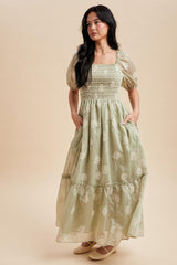 Fern Embroidered Floral Smocked Maxi Dress