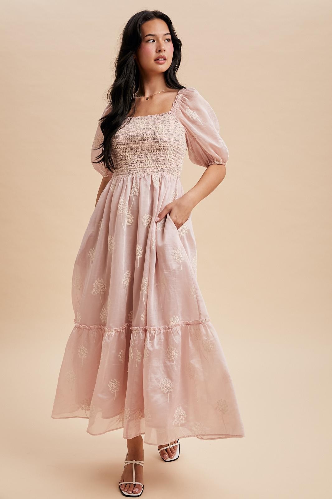 Light Pink Embroidered Floral Smocked Maxi Dress
