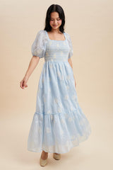Light Blue Embroidered Floral Smocked Maxi Dress