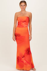 Orange Floral Strapless Cutout Back Maxi Dress