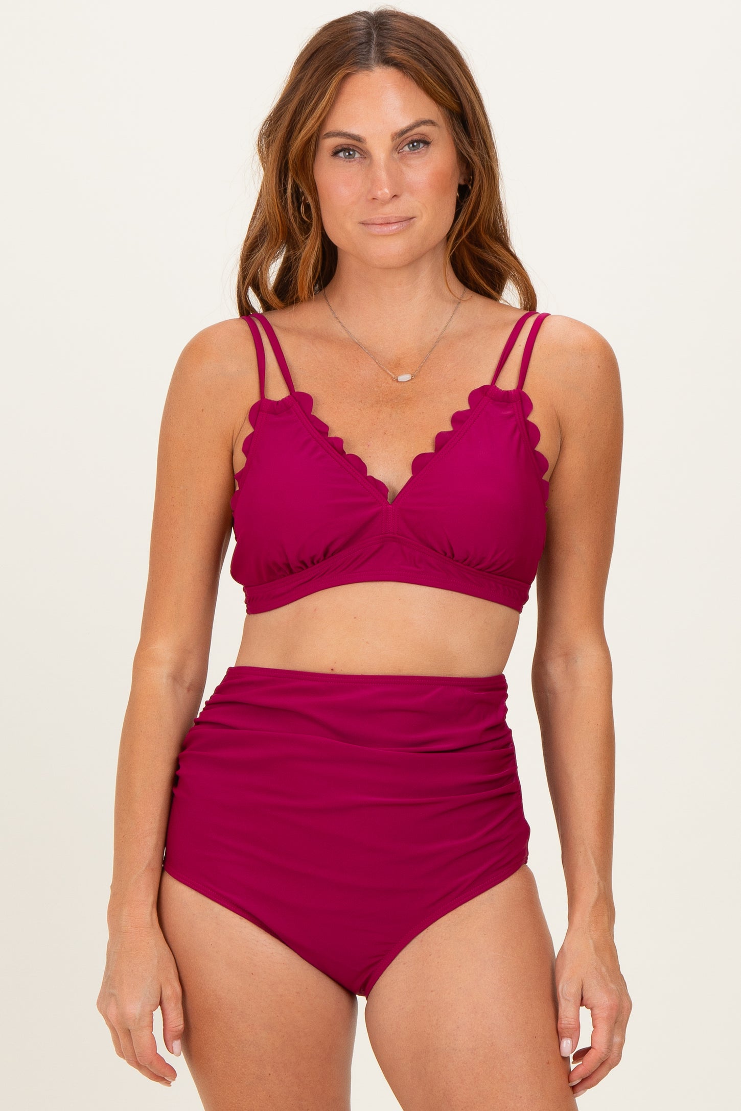 Burgundy Scalloped V-Neck High Waist Two-Piece Swimsuit