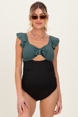 Olive Two Tone Ribbed Front Tie Cutout Ruched Maternity Swimsuit