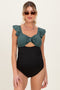 Olive Two Tone Ribbed Front Tie Cutout Ruched Maternity Swimsuit