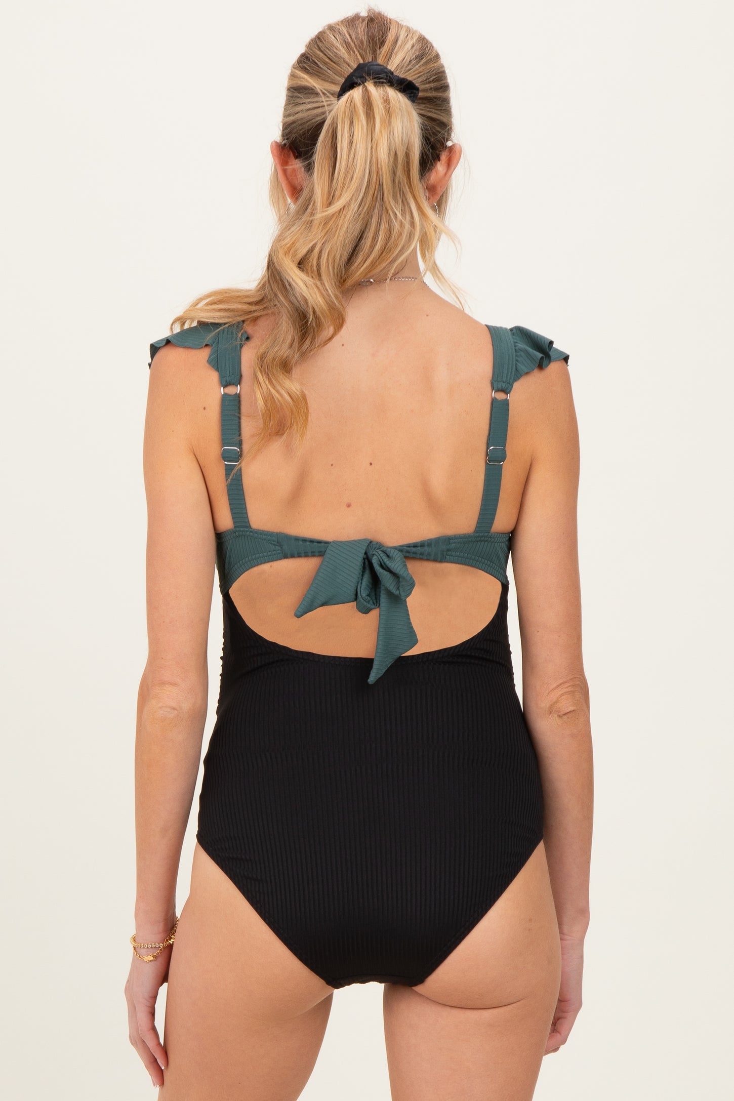 Olive Two Tone Ribbed Front Tie Cutout Ruched Maternity Swimsuit