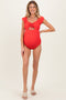 Red Ribbed Front Tie Cutout Ruched Maternity Swimsuit