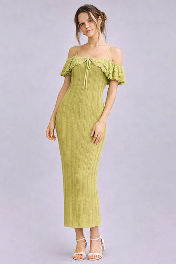 Citron Off Shoulder Lace Knit Midi Dress